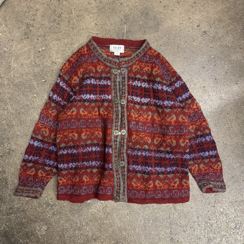 Yeti Hand Knitted Nepal XL Cardigan Red Geometric Fair Isle Boho Wool Blend